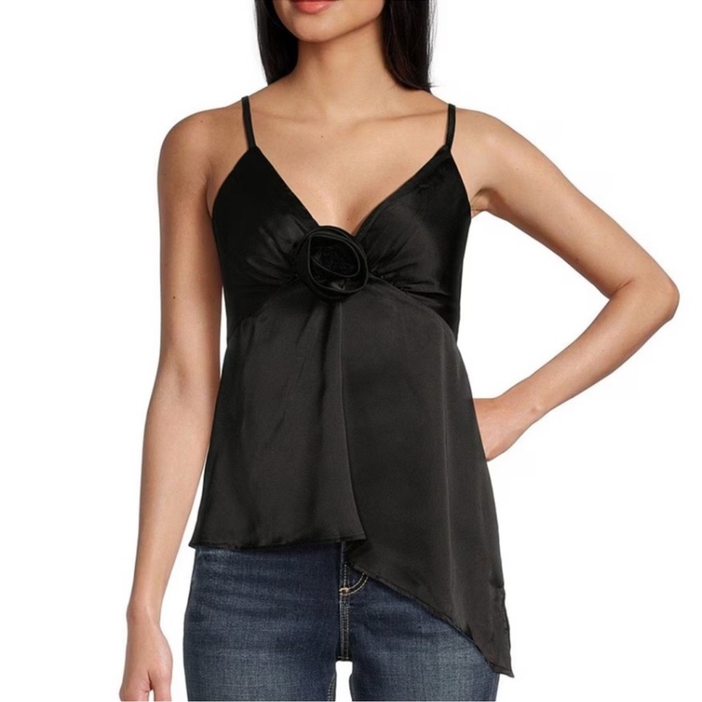 Angie Sleeveless Black Satin Rosette Trim Tank Top size S
